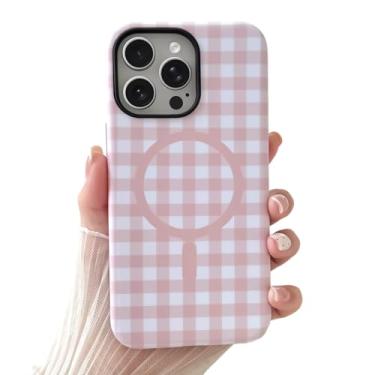 Imagem de SmoBea Capa compatível com iPhone 15 Pro, linda capa de telefone xadrez xadrez estética para mulheres, TPU macio à prova de choque e capa protetora traseira de policarbonato rígido, rosa fosco