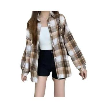 Imagem de Camisa Vintage Feminina De Xadrez De Manga Longa Moda De Outono Blusa 