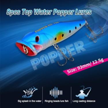 Imagem de Ainoli 8pcs Top Water Popper Iscas 3D Olhos Iscas de pesca artificiais com ganchos para pesca em água doce em água salgada