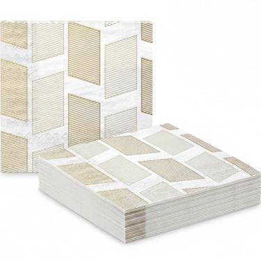 Imagem de Guardanapo de almoço de papel GeoScape branco e dourado com 3 camadas, 16,5 cm, pacote com 20
