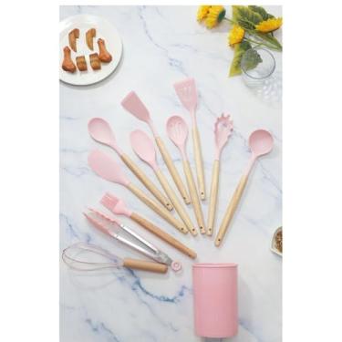 Imagem de kit 12 peças utensílios de cozinha silicone Copo Suporte Jogo de Cozinha kit 5 utensílios s/copo(KIT 12 ROSA C/COPO)