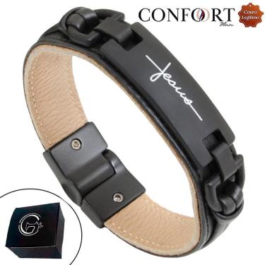 Imagem de Pulseira Couro Preto Magnética com Imã J All Black Proteção-Unissex