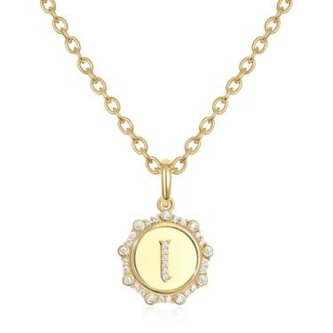 Imagem de KissYan Colares com inicial feminina, banhado a ouro 14K, redondo, pingente de letra, alfabetos, de A a Z, joias delicadas, presentes, Adjustable, Cobre, Zircônia cúbica