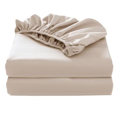 Imagem de Pacote com 2 lençol de baixo solteiro de algodão puro GG para cama king size, 600 fios de algodão egípcio com bolso profundo de 40,6 cm (pacote com 2, solteiro, bege, listrado)