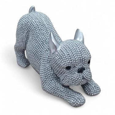 Imagem de Enfeite Cachorro Buldogue Prata Brilhante Alongando 11 cm