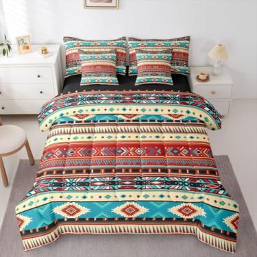 Imagem de Erosebridal Conjunto de edredom queen, caubói asteca, branco, vermelho, azul, 7 peças | Conjunto de cama caubói do sudoeste em uma bolsa, boêmio, casa de fazenda, roupa de cama tribal para adultos