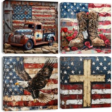 Imagem de Pacote com 4 kit de pintura por números para adultos iniciantes emoldurado - DIY 4 de julho kits de pintura por números patrióticos adultos em tela, pintura a óleo acrílica pequena fácil para