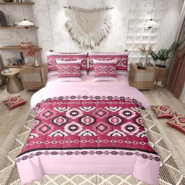Imagem de Feelyou Conjunto de edredom asteca do sudoeste com 7 peças, cama queen size tribal nativo americano em uma bolsa, para crianças, meninos, meninas, rosa, ocidental, decoração de quarto, microfibra