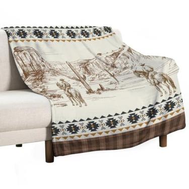 Imagem de Cobertor caubói ocidental cacto tropical deserto montando cavalo marrom vintage rústico casa de fazenda macio aconchegante leve cobertor para crianças meninos mulheres quarto sala de estar dormitório