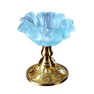 Imagem de Castiçal criativo em forma de flor castiçal retrô esmaltado suporte de vela decoração de mesa base de cobre suporte de castiçal (azul claro)