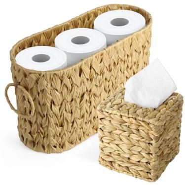 Imagem de Pacote com 2 cestas de armazenamento de papel higiênico, suporte de papel higiênico de jacinto de água com alça, capa de caixa de lenços, organizador de papel higiênico para banheiro, sala de estar