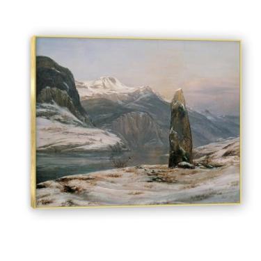 Imagem de NHLDZYH Moldura dourada. Reprodução de arte famosa de J.C. Dahl, arte em tela de paisagem romântica nórdica, decoração de parede elegante para sala de estar, escritório, pronto para pendurar. (inverno