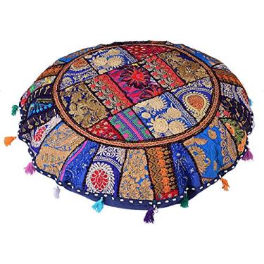 Imagem de Bhagyashri Fashions Capa de pufe redonda indiana feita à mão com códigos de patchwork para chão otomano, almofada de assento, decorativa, pompom, boho, 81 cm, azul royal, BFPC0105