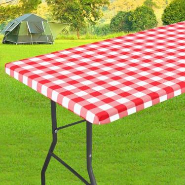 Imagem de homing Toalha de mesa retangular elástica de 1,8 m, capa de mesa xadrez de búfalo, tecido impermeável, toalha de mesa de poliéster lavável para acampamento, jantar, festa (vermelho e branco, 76 cm x