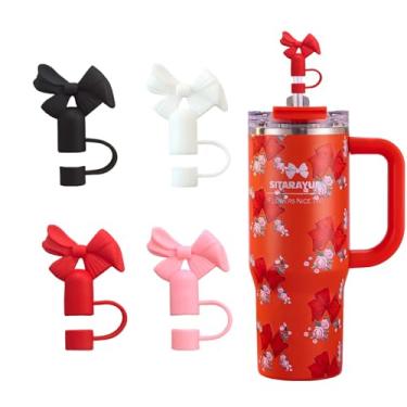 Imagem de Capa de canudo de laço compatível com Stanley copo de 30 e 1,134 g, bonito vermelho, branco, preto, rosa, laço de silicone, tampa de canudo reutilizável para dia dos namorados para copos Stanley de 10