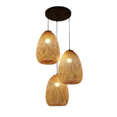 Imagem de Abajur de bambu trançado, conjunto de três peças de luminária pendente de bambu, estilo vietnamita, lustre decorativo para teto, ideal para restaurante, corredor, sala de estar, bar ou cafet
