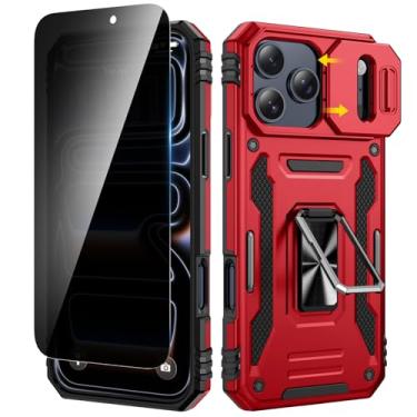 Imagem de VEGO Capa para iPhone 17 Pro, capa para iPhone 17 Pro com capa de câmera deslizante e protetor de tela de vidro temperado de privacidade e suporte rotativo de 360° Capa de proteção resistente de grau