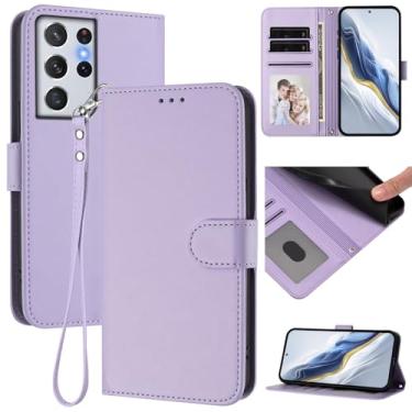 Imagem de Capa carteira para Samsung Galaxy S21 Ultra, capa fina de couro com compartimentos para cartões, alça de pulso e suporte, capa protetora à prova de choque para homens e mulheres (roxo claro)
