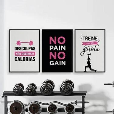 Imagem de Kit 3 Quadros Academia Feminino 33X24Cm - Com Vidro Preto