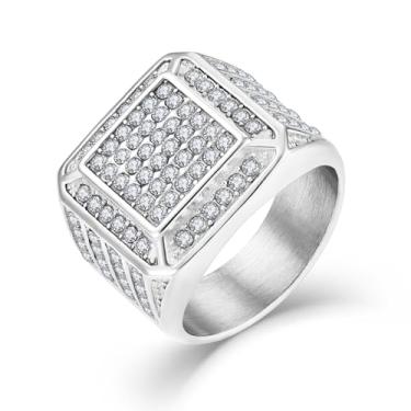 Imagem de Oskani Anel masculino grande formato quadrado incrustado zircônia cúbica aço inoxidável gelado anel clássico aliança de compromisso de casamento joia presente no aniversário/dia dos pais/namorados