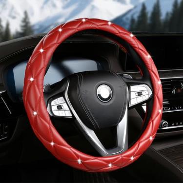 Imagem de AMZAUTO Capa de volante de couro diamante feminina, capa de volante brilhante, antiderrapante, macia, acessórios interiores de 38 cm para veículos femininos e meninas, vermelho