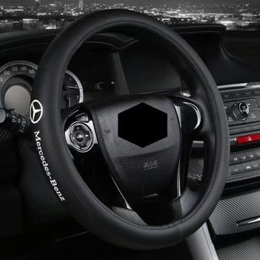 Imagem de Capa de volante de carro, capas de volante de couro de microfibra preta para forro antiderrapante Benz, universal de 36,8 a 38 cm.