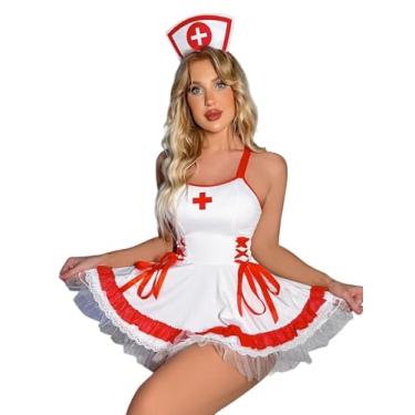 Imagem de Lingerie sexy para mulheres, roupas impertinentes, fantasia de enfermeira cosplay, acabamento em renda e gravata borboleta, mini saia