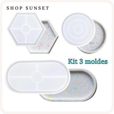 Imagem de Kit 3 Molde Silicone Bandeja oval redonda hexágono Forma Geométrica re
