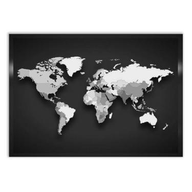 Imagem de Placa Decorativa Mapa Mundi Tons De Cinza Países Decoração Poster Quarto Sala