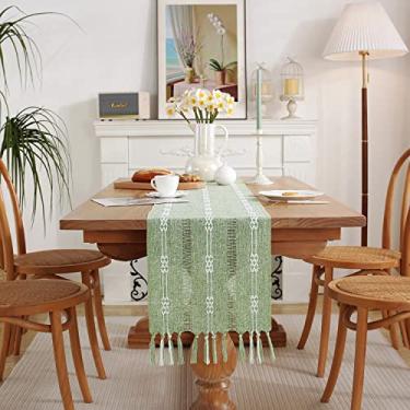 Imagem de Caminho de mesa listrado trançado de fazenda com borlas feitas à mão, caminhos de mesa de linho Boho 122 cm de comprimento para festa de férias e decoração de sala de jantar, 33 x 122 cm - verde sálvia