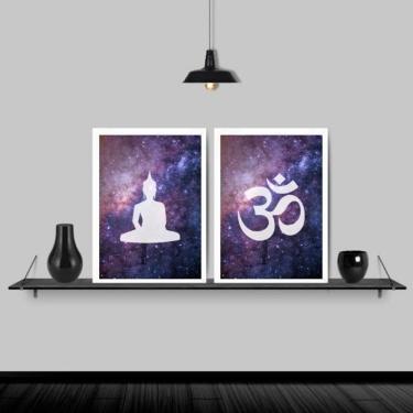 Imagem de Kit 2 Quadros Buda Zen Galaxia 45X34 C/Vidro Madeira Branca
