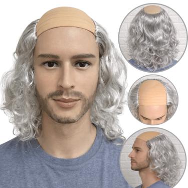 Imagem de Peruca com careca do vovô idoso cacheada grisalho cinza 35cm