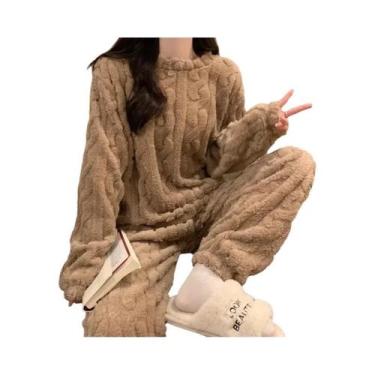 Imagem de Conjunto De Pijama Feminino Em Fleece Coral Grosso E Quente Com Estamp