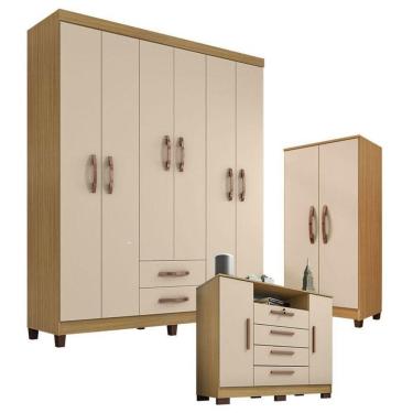 Imagem de Guarda Roupa Casal Modena Com Cômoda Madri E Armário Multiuso Recife Carvalho Americano Off White – Incorplac