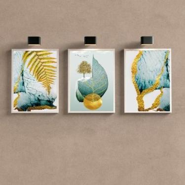 Imagem de Kit 3 Quadros Folha Dourada 45x34cm - Vidro e Moldura Branca - Quadros