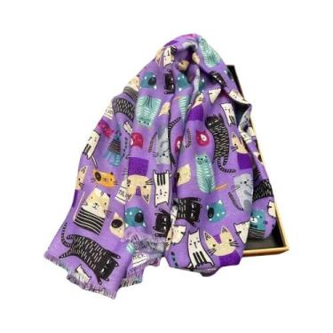 Imagem de Cachecol De Viscose Com Estampa De Gato Fofo, Xales Macios, Pashmina, 