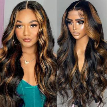 Imagem de Peruca frontal de renda PLAASET Ombre Brown 20" Body Wave 200% de dens