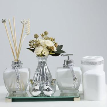 Imagem de Kit Lavabo + Bandeja + Aromatizador + Saboneteira+ Enfeite Porcelana + Vaso Decorativo + Porta Escova de Dente + Kit Varetas Difusoras Combo para Banheiro KAR57 Coleção Grécia2