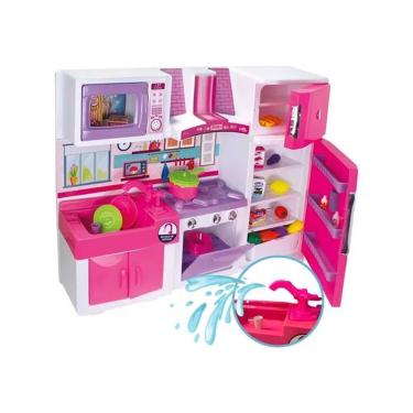 Imagem de Cozinha Infantil de Brinquedo Fogão Geladeira Pia Micro-ondas e Armário com Torneira Que Sai Água Rosa
