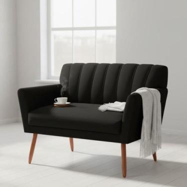 Imagem de Namoradeira Decorativa Cecília Couro Preto 2 Lugares Pés Madeira Mz De