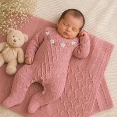 Imagem de Saída Maternidade de Tricot Luxo Macacão e Manta Bebê Menina - BEBE E 