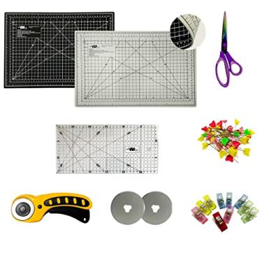 Imagem de Base de Corte 30x45 Cinza e Preta Régua 15x30 Cortador 45mm 2 Laminas Tesoura Titânio Alfinete Clips (Cortador Amarelo)