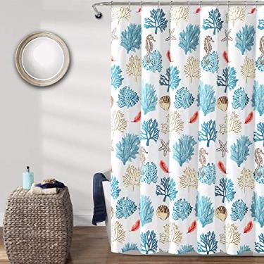 Imagem de Lush Decor Cortina de chuveiro de poliéster com penas de recife costeira azul e coral (182,88 cm x 182,88 cm)