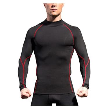 Imagem de Camiseta masculina de compressão atlética manga longa bodybuilding esporte trilha corrida academia tops, Vermelho, Large