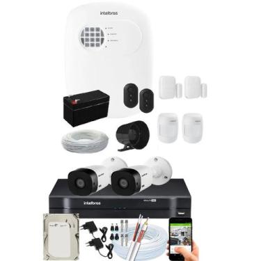 Imagem de Kit Alarme Residencial C/ 4 Sensor Via App E Kit Cftv 2 Câmeras Intelb