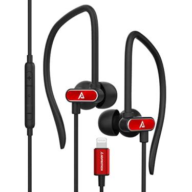 Imagem de ADPROTECH Fones de ouvido esportivos Lightning com gancho de orelha para iPhone 14/13/12/11 Pro Max/X/XS Max/XR - certificado MFi com microfone vermelho