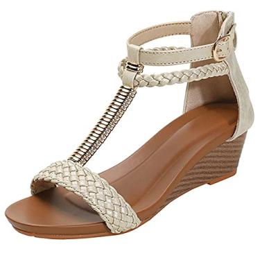 Imagem de Sandálias femininas de cunha verão romano salto alto respirável sandálias de praia elegantes elegantes sapatos rasos, bege, 40 EU/9 US