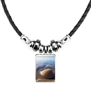 Imagem de DIYthinker Colar com imagem de natureza ciência de concha de água oceânica joia torque pingente de corda de couro