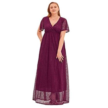 Imagem de Vestido feminino de renda floral longo para madrinhas de casamento, gola V, manga curta, vestido casual, vermelho, GG (busto 111 cm)
