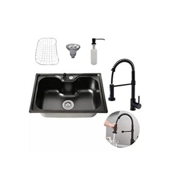 Imagem de Kit Cuba de Cozinha 60x42 Quadrada Gourmet Aço Inox e Torneira Monocomando Flexível Preta Brinovar